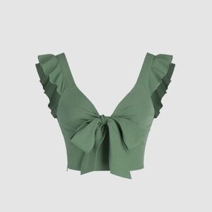 Solid V-neck Ruffle Knotted Crop Top Sage Green MEDIUM Like New!